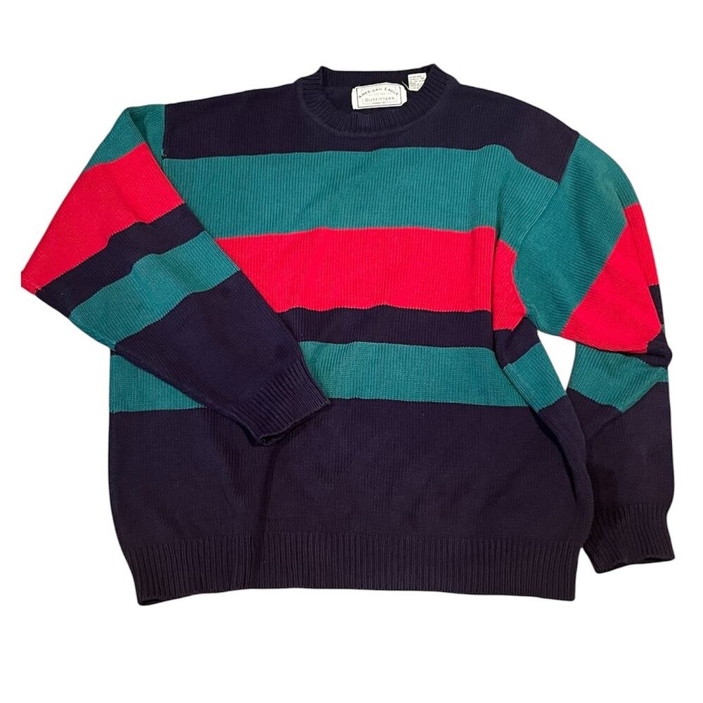 Vintage 90s American Eagle Striped Sweater XL Chunky Knit Crew Cotton Preppy